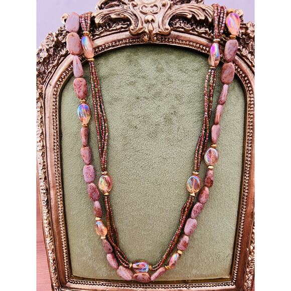 Vintage 30" 14k GE Stone Gold Glass Bead Necklace Statement green mauve Brown - Picture 12 of 14